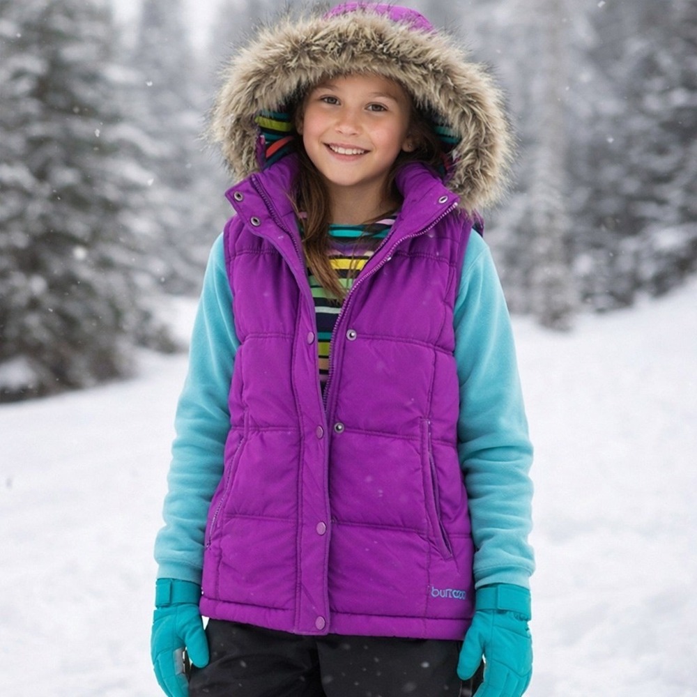 Burton Girls Sly Puffy Vest XS Purple Fur Hood Snowboard Winter Ski Jacket